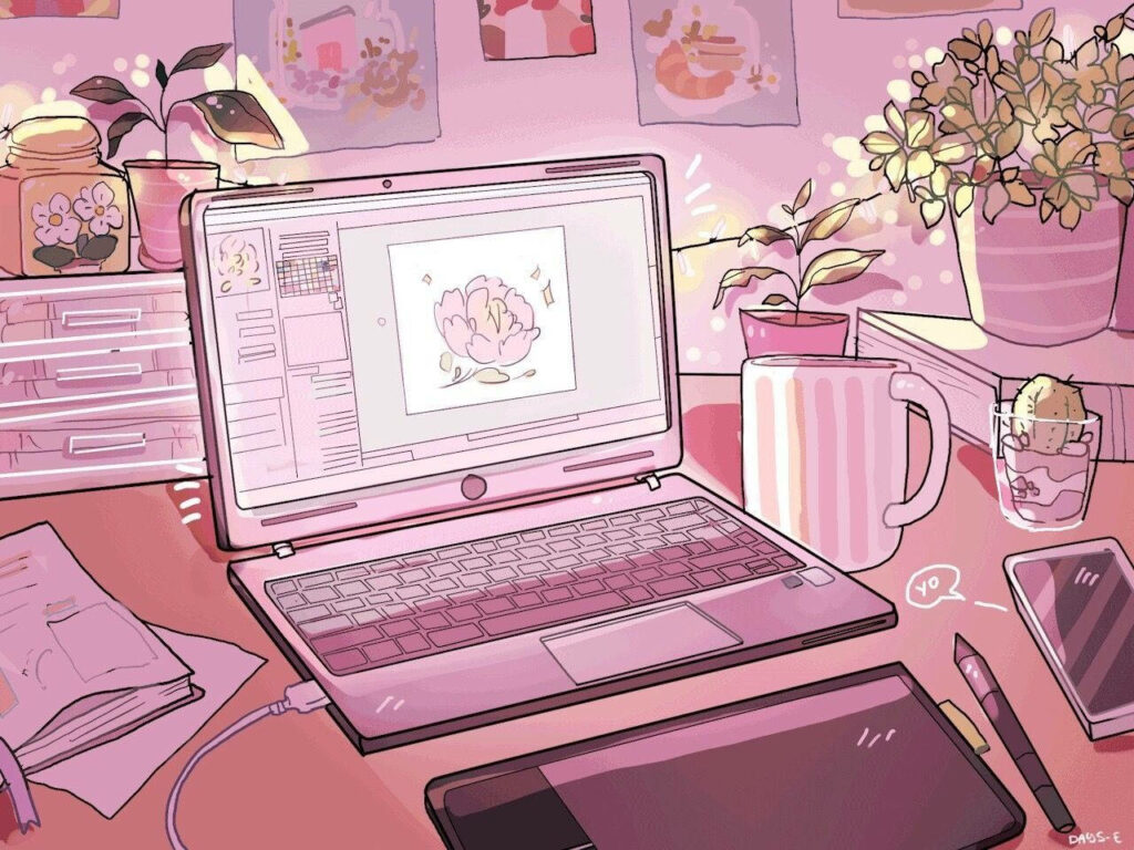 Pastel Paradise: Creating a Cozy Work Environment with Potted Plants and Pink Tones Wallpaper