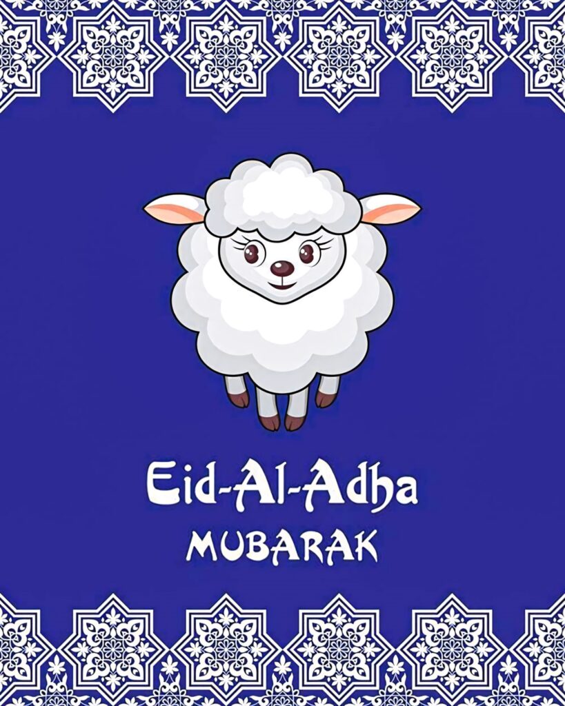 Cute cartoon sheep Eid wallpaper with white Islamic patterns and Eid-Al-Adha Mubarak text on blue background