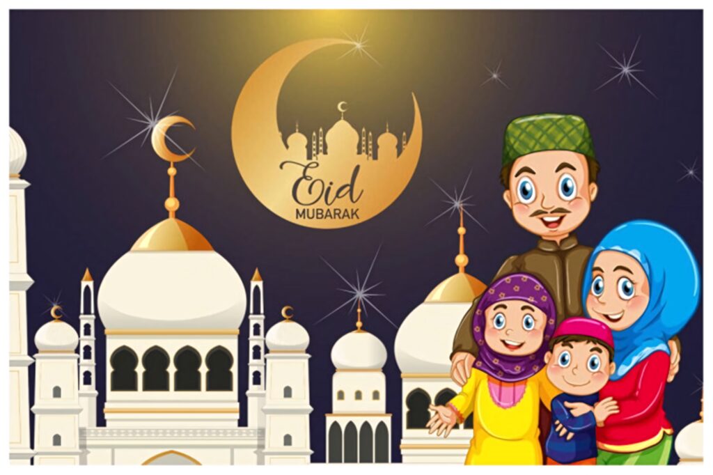 Joyful family in colorful traditional clothes celebrates Eid Mubarak by grand mosque at night Wallpaper