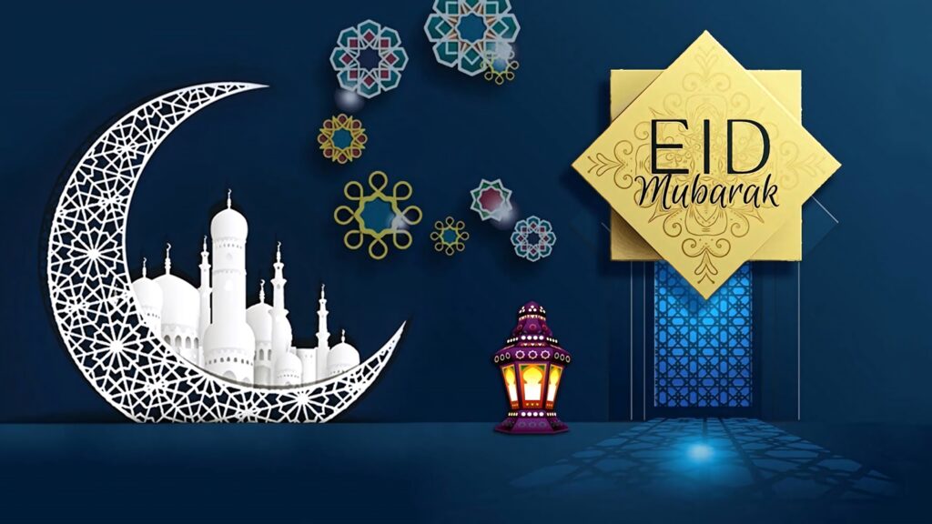 Eid wallpaper with white mosque silhouette on crescent moon vibrant patterns glowing lantern golden greeting