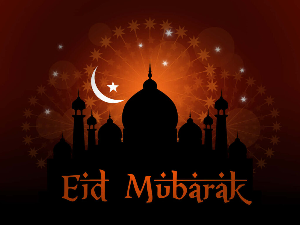 Vibrant Eid wallpaper with mosque silhouette crescent moon star and Eid Mubarak calligraphy background