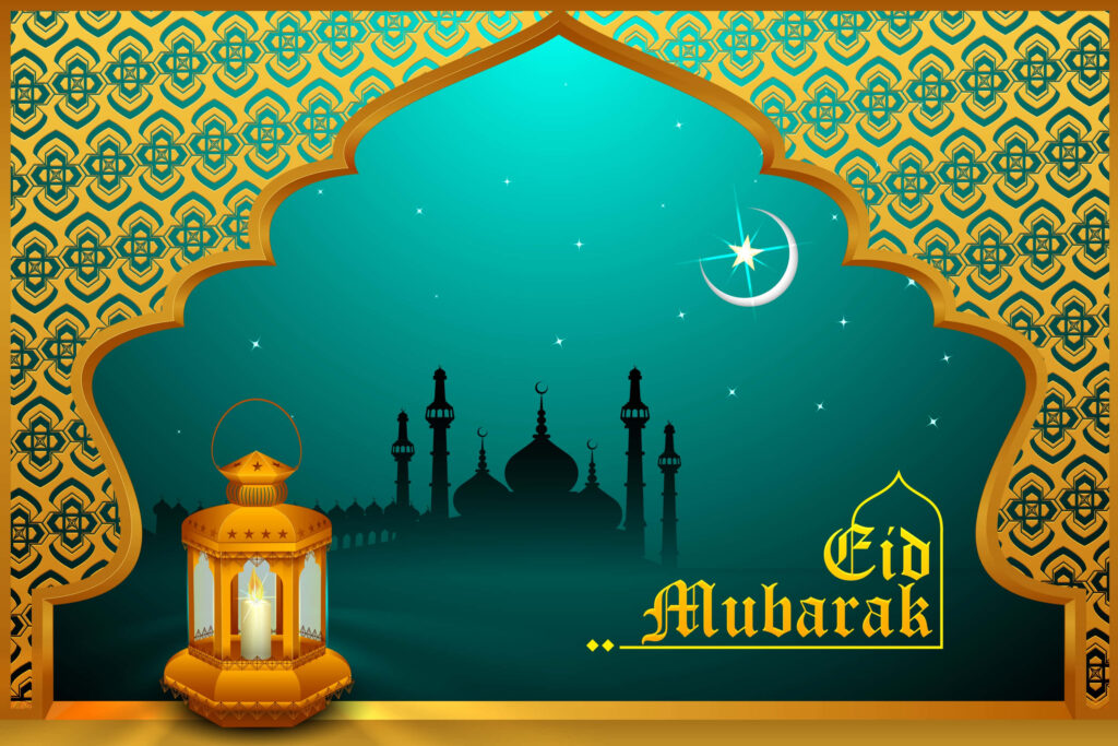 Eid Mubarak wallpaper with glowing lantern mosque crescent moon golden patterns teal background