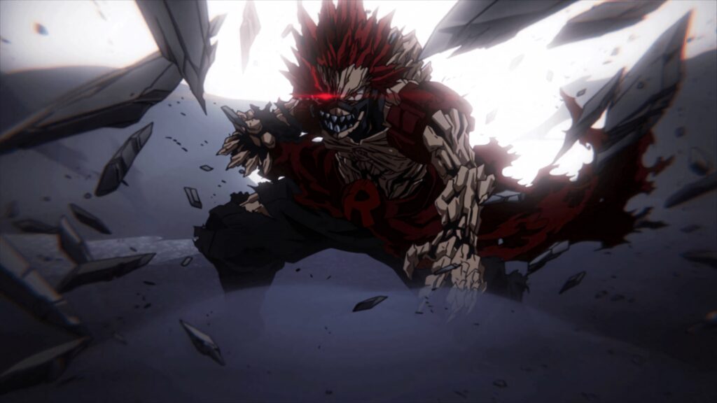 Eijiro Kirishima Unbreakable form anime wallpaper intense shadows flying debris red hair