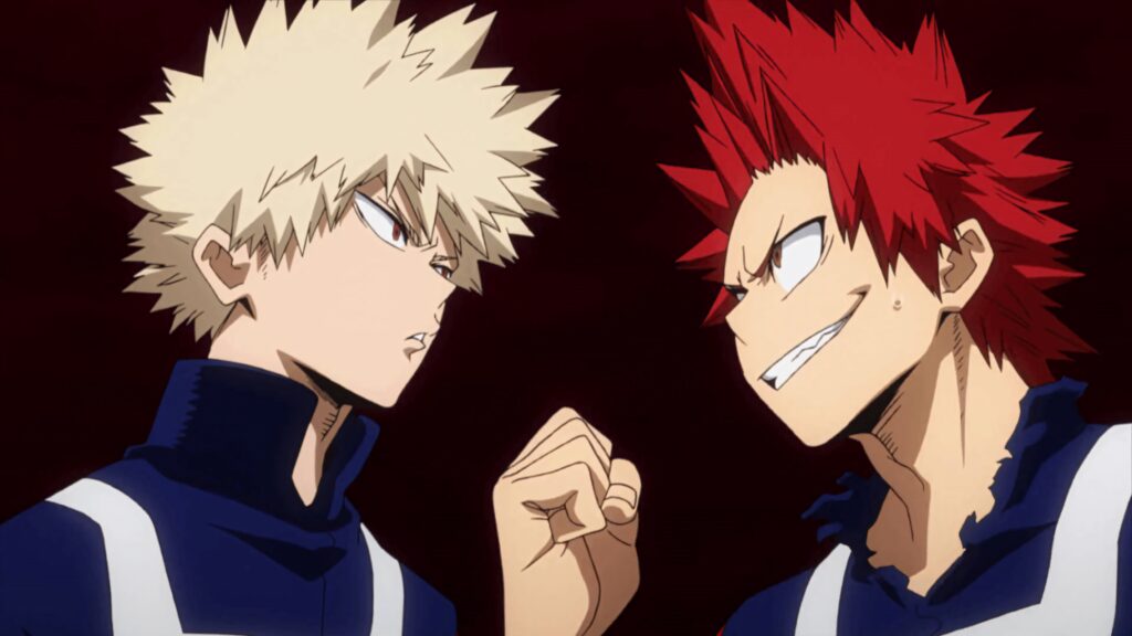 Eijiro Kirishima and Bakugo intense face off vibrant red and blonde hair dynamic My Hero Academia wallpaper
