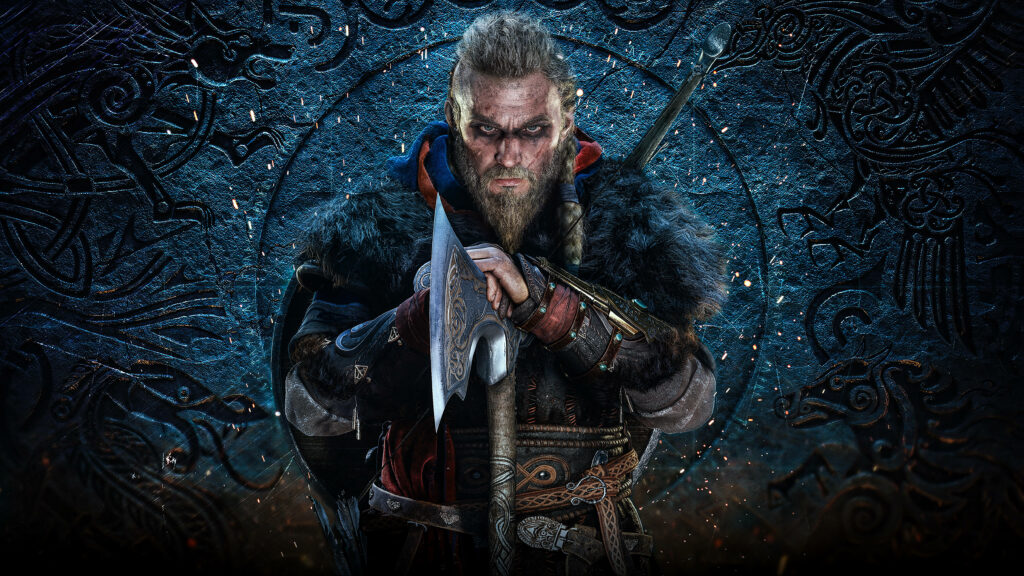 Eivor, the Mighty Viking Warrior of Assassin's Creed Valhalla, Wields Varin's Ax on a Mystical Stone Platform Wallpaper