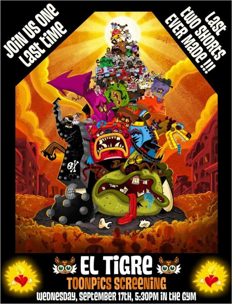 Vibrant El Tigre Manny Rivera poster with chaotic colorful cartoon villains mountain and fiery sky Wallpaper