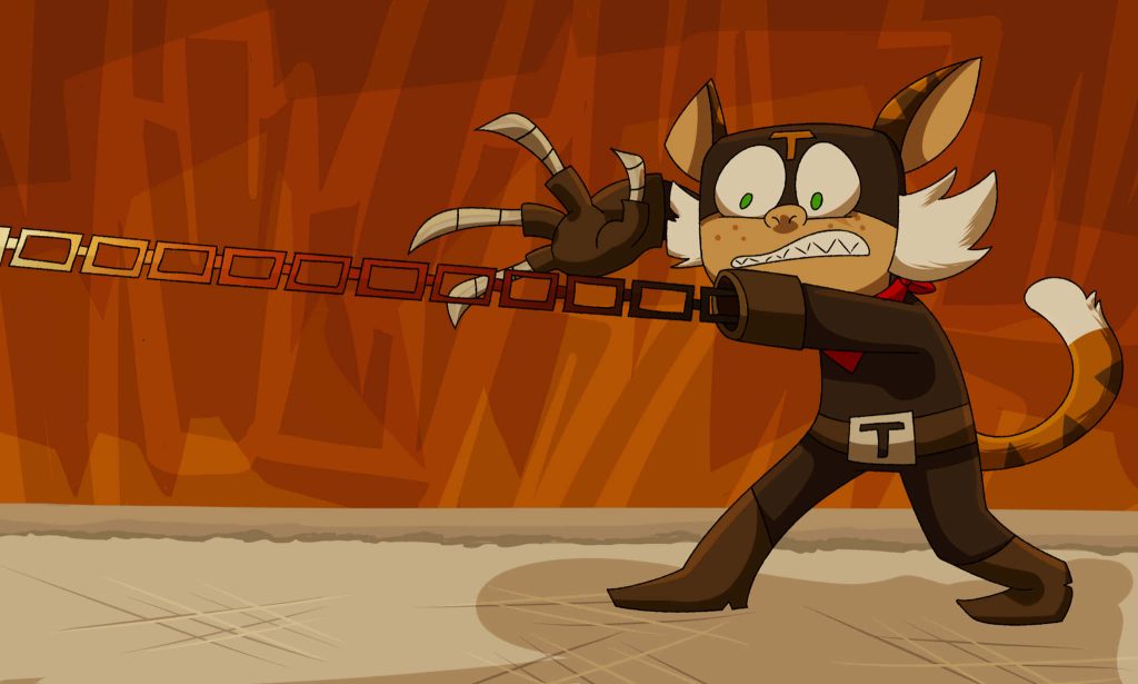 El Tigre Manny Rivera in brown costume mid chain attack dynamic cartoon wallpaper background