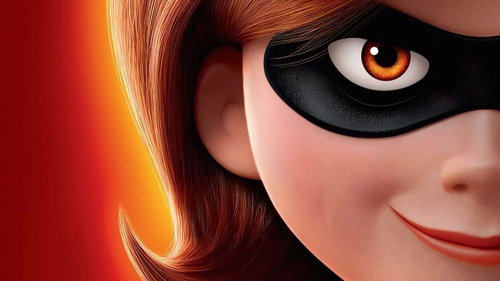Extreme close-up 3D CGI portrait of Elastigirl with black mask and amber eye on red background Wallpaper