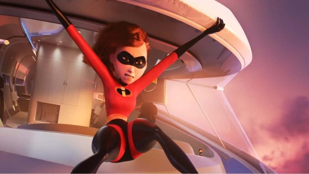 Elastigirl in red suit inside aircraft at sunset digital art Incredibles action wallpaper background