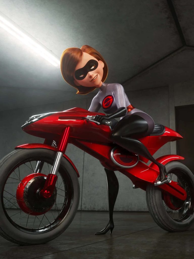 Elastigirl rides red motorcycle in industrial garage 3D CGI wallpaper dynamic superhero scene