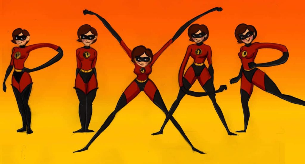 Elastigirl from The Incredibles stretches her arms to form Pixar logo on yellow-orange background Wallpaper