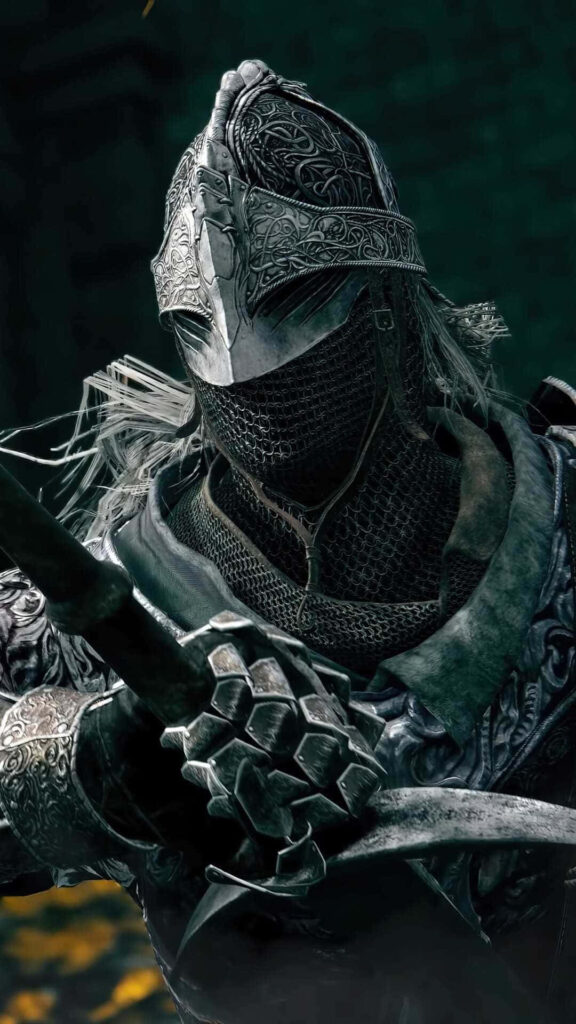 Armored Elden Ring warrior phone wallpaper with detailed metalwork and dark chainmail background