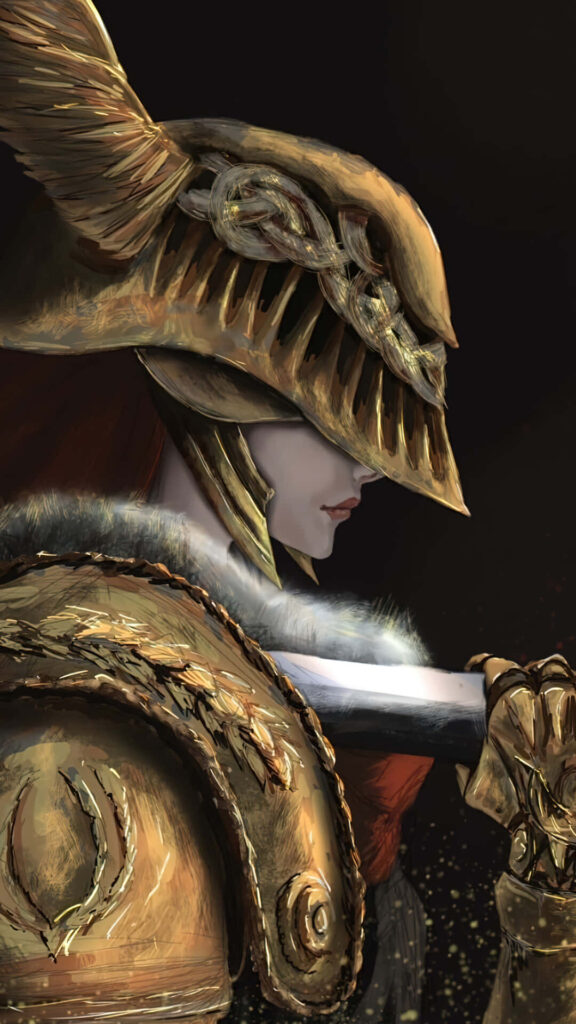 Armored Elden Ring warrior with intricate golden armor and distinctive helmet dramatic atmosphere Wallpaper