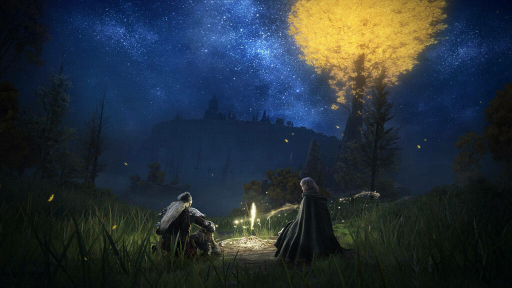 Two Elden Ring characters by glowing campfire under starry sky with golden tree wallpaper background