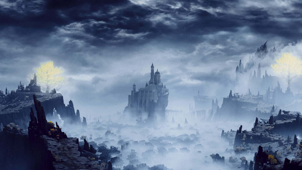 Elden Ring wallpaper grand castle glowing golden trees ethereal fog dramatic rugged landscape