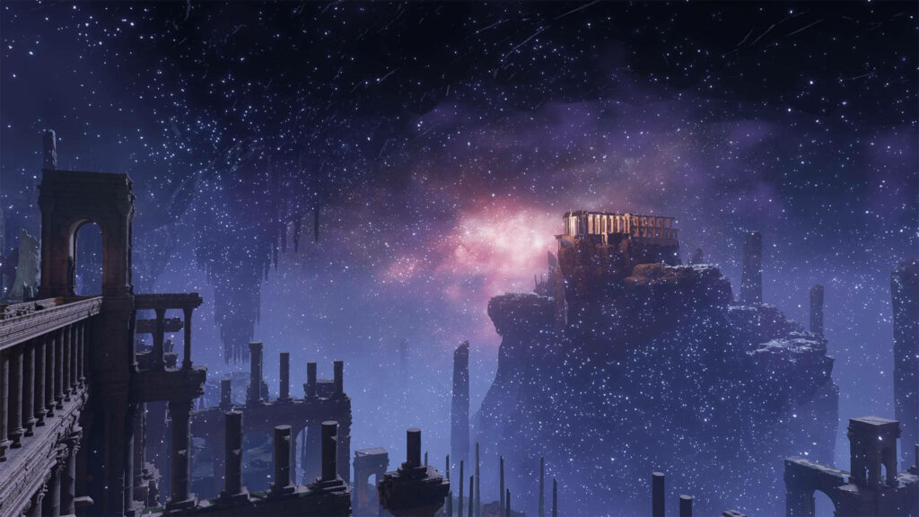 Elden Ring celestial wallpaper with ancient ruins and cosmic starry night illuminating temple