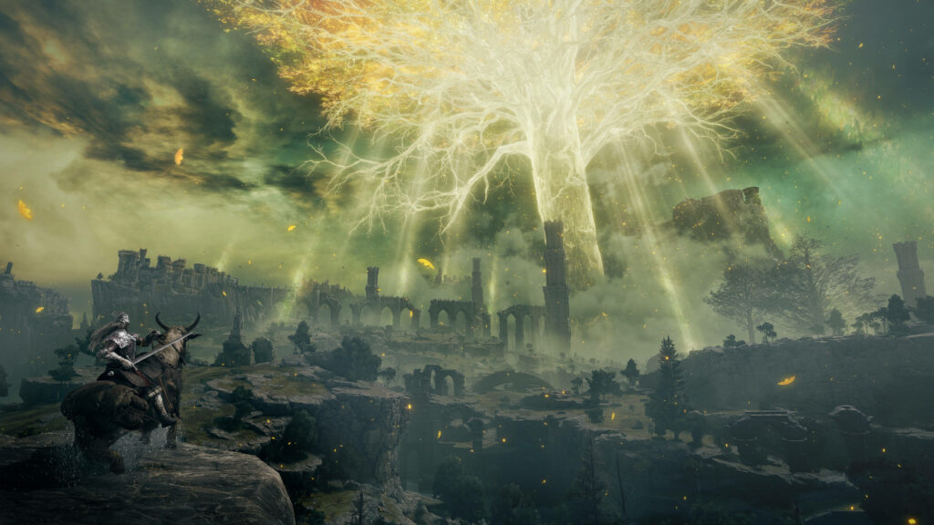 Glowing golden Elden Ring Erdtree illuminating mystical landscape with ancient ruins and rider Wallpaper