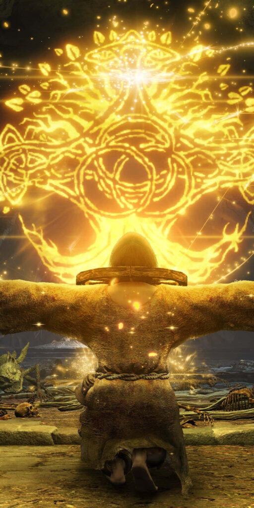 Elden Ring powerful figure casting golden magic with swirling mystical energy wallpaper background