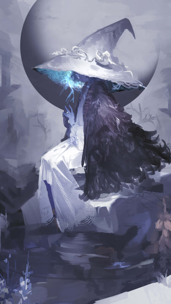 Mystical Elden Ring figure with wide-brimmed hat glowing blue robes moonlit fantasy wallpaper