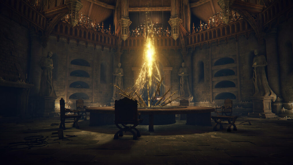 Elden Ring Roundtable Hold grand hall with golden tree ornate chairs and mysterious statues wallpaper