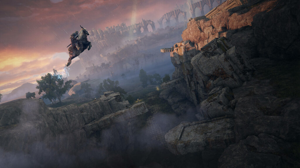 Elden Ring ruins wallpaper sunset rugged cliffs ancient structures lone rider on spirit steed