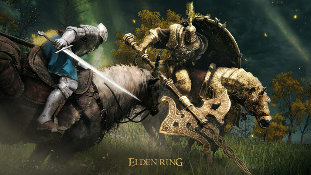 Elden Ring Tree Sentinel battle wallpaper with knight and golden trees under stormy sky background