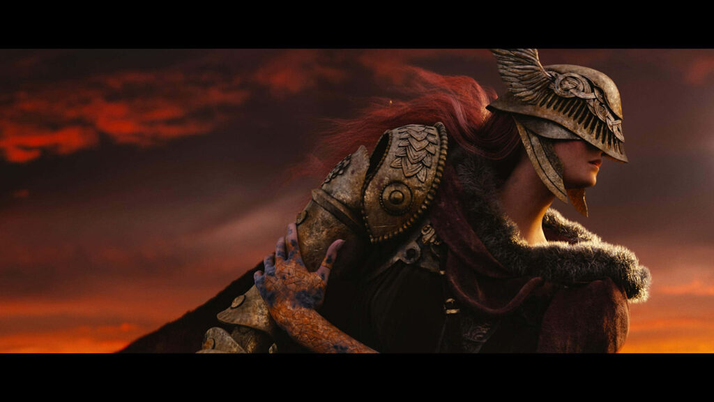 Elden Ring warrior in ornate armor gazing at cosmic tree under dramatic red sky wallpaper
