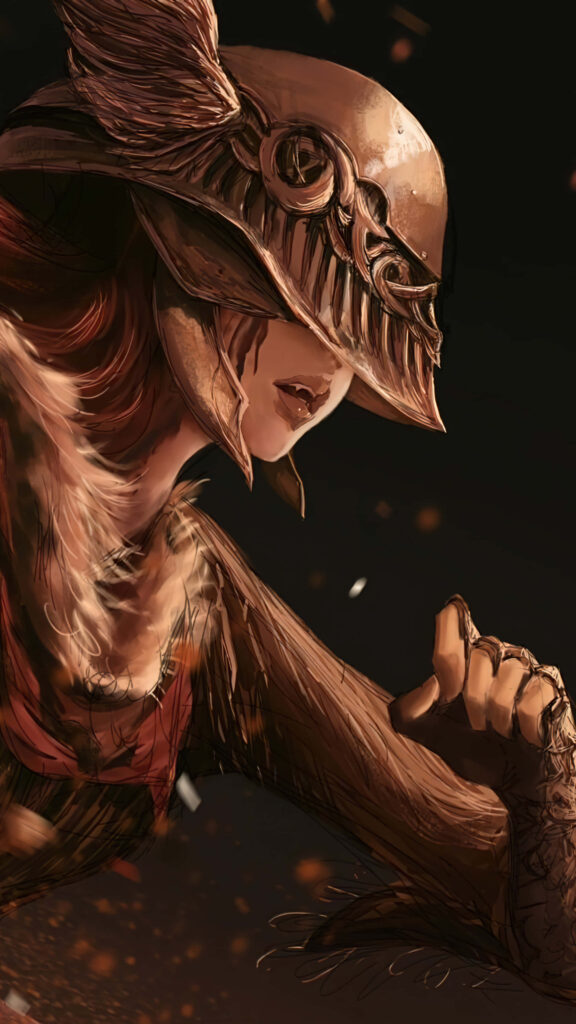 Elden Ring warrior in detailed armor and helmet with dramatic shadows and warm tones wallpaper