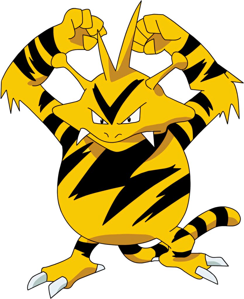 Electabuzz posing powerfully with yellow black stripes and sharp claws electric type Pokemon wallpaper