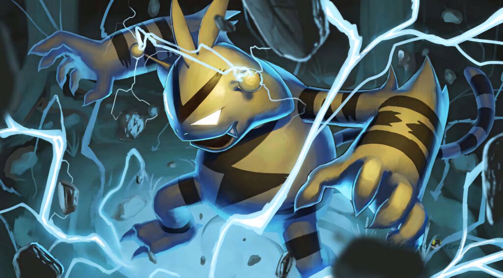Electabuzz dynamic wallpaper with vivid blue thunder lightning electric energy action pose