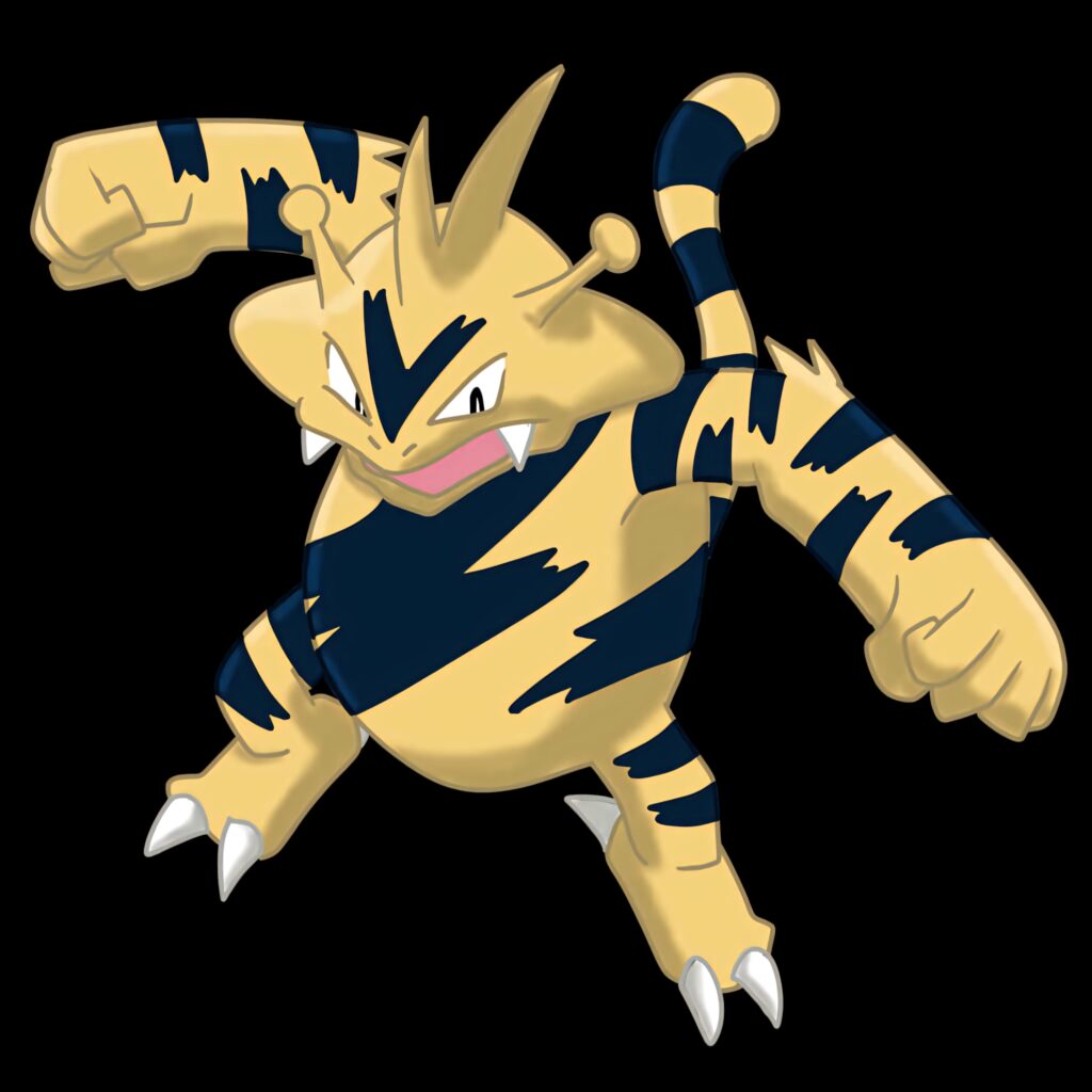 Electabuzz striking a dynamic punch pose vibrant yellow and black electric Pokémon wallpaper