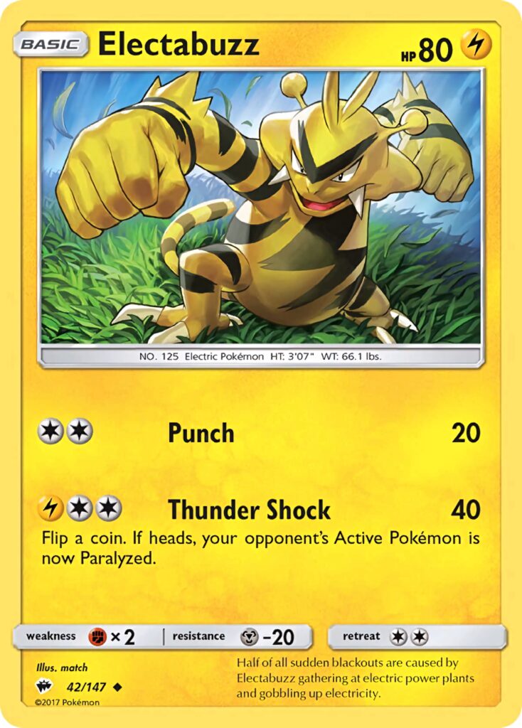 Electabuzz Pokémon trading card wallpaper dynamic pose electric punch lush green background