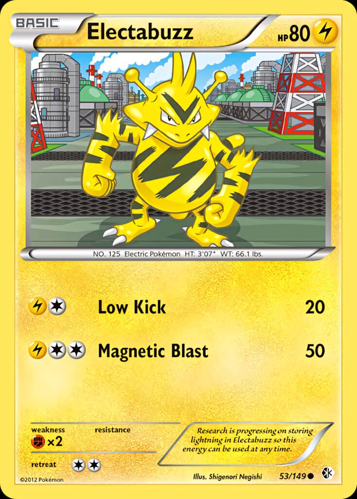 Electabuzz Pokémon card wallpaper with bold lightning and industrial power plant background vivid colors