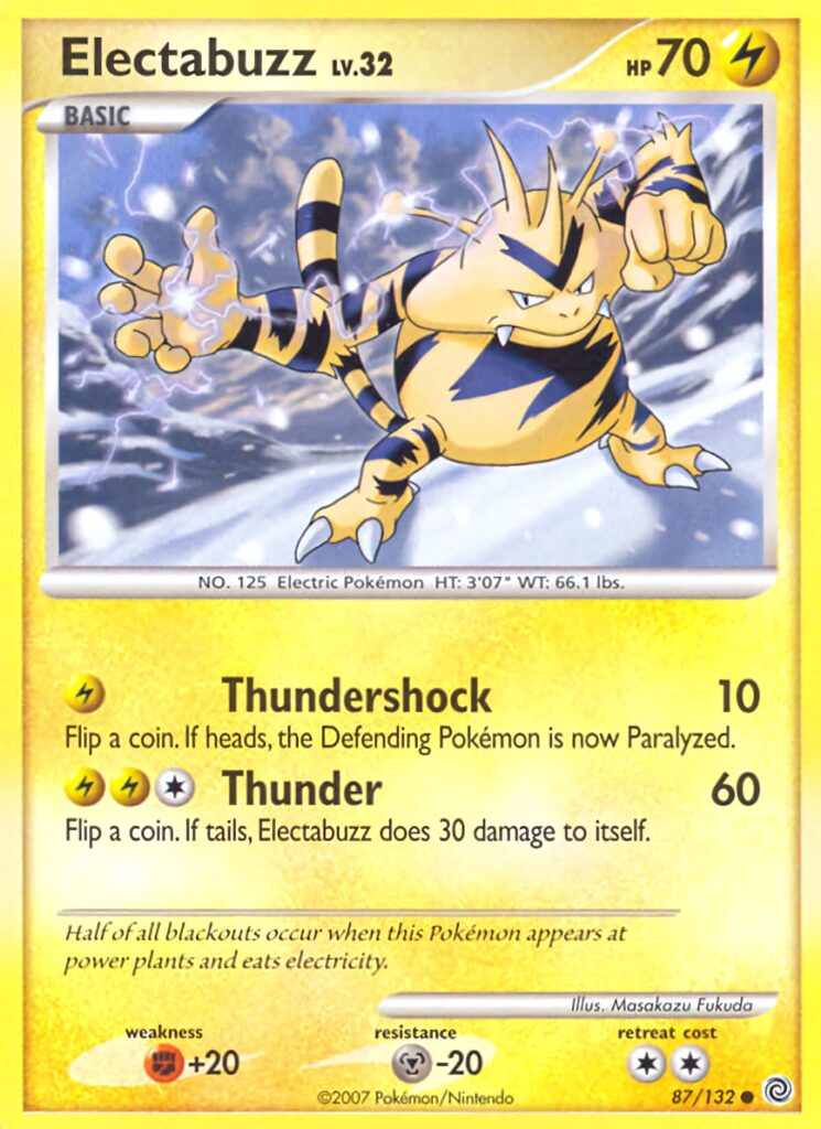 Electabuzz Pokémon card wallpaper with vibrant yellow electric effects and detailed stats design