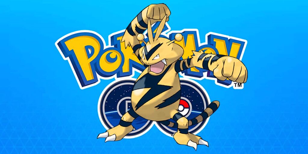 Electabuzz Pokemon Go wallpaper with bright blue background and bold yellow lightning pattern