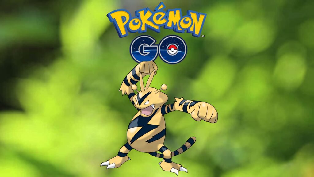 Electabuzz Pokémon Go wallpaper with bold yellow black stripes on vibrant green blurred background