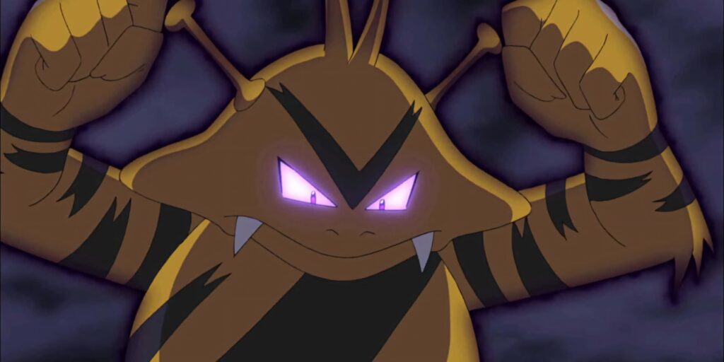 Electabuzz with glowing purple eyes fierce expression bold yellow black stripes anime wallpaper background