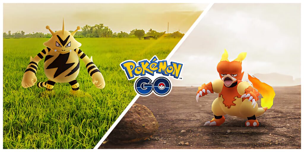 Electabuzz in green field and Magmar in sunny rocky landscape Pokémon GO wallpaper background