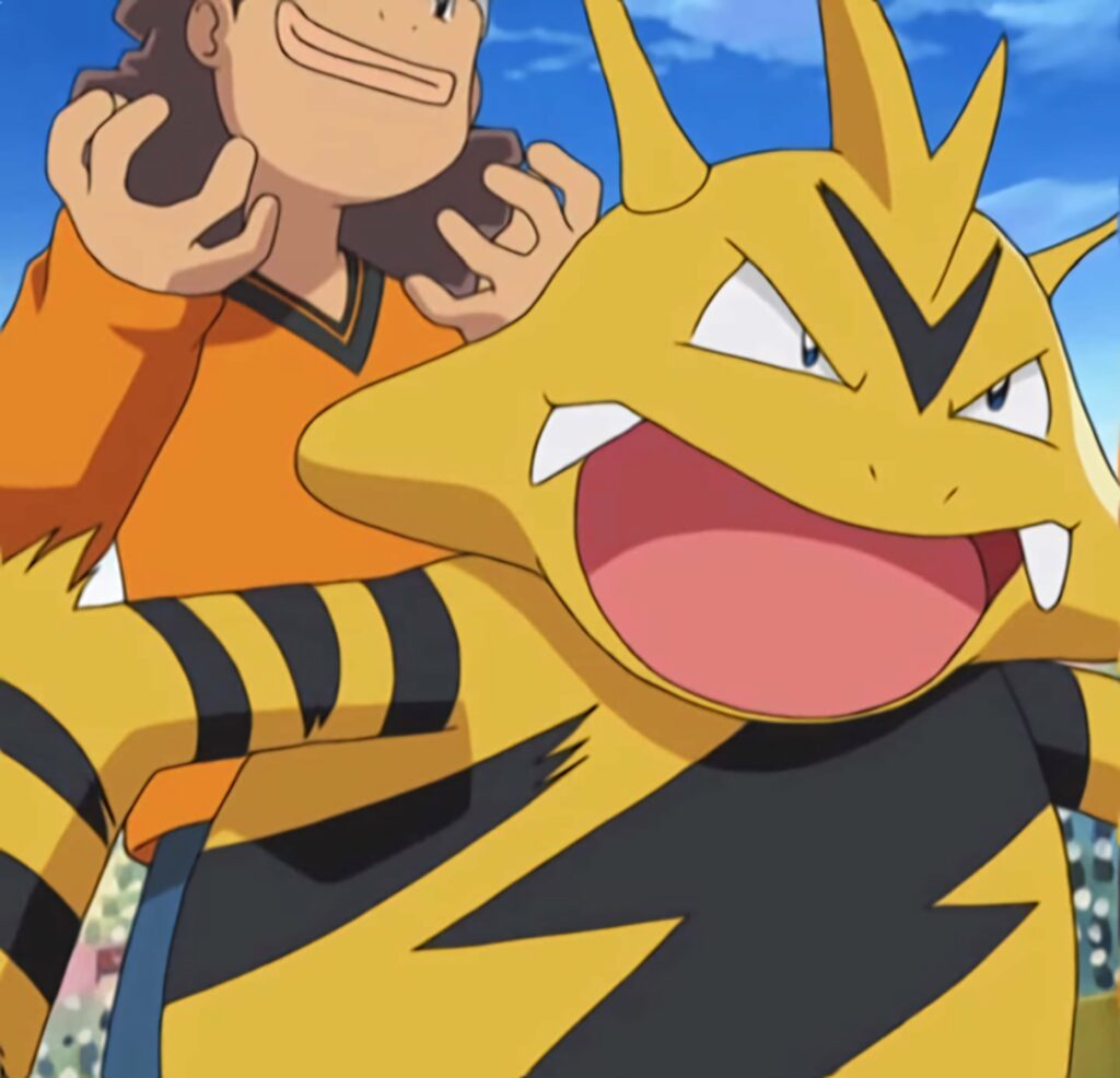 Smiling Electabuzz with trainer outdoors bright vibrant wallpaper Pokémon energetic style