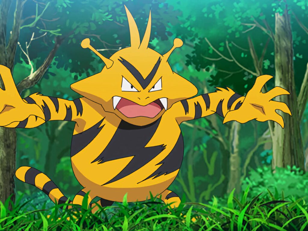 Electabuzz in vibrant green forest with bold black stripes dynamic electric energy wallpaper background