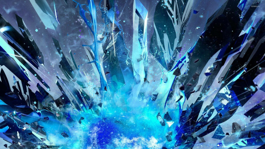 Dynamic wallpaper of sharp blue crystal shards exploding against cosmic electric blue background