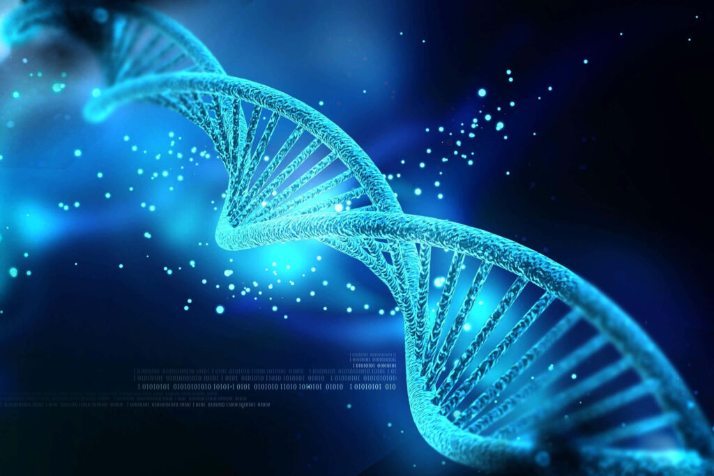 Glowing electric blue DNA double helix on dark futuristic background with floating particles wallpaper