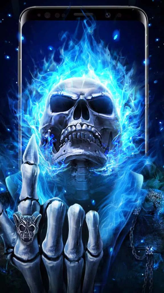 Flaming skull with electric blue flames and detailed skull ring gothic digital art wallpaper