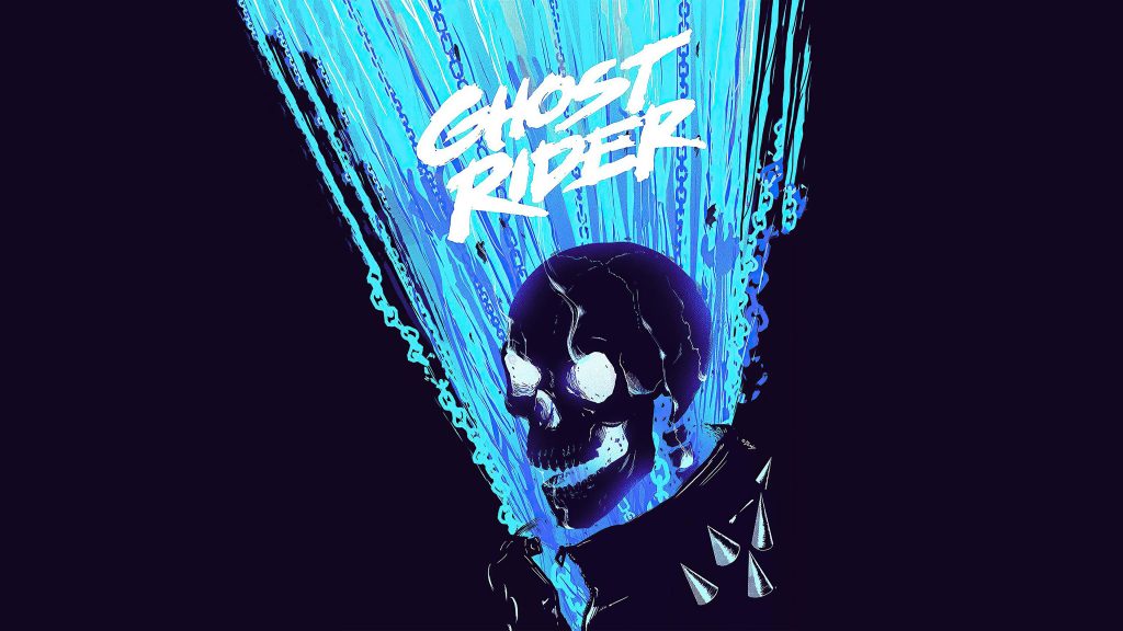 Electric blue Ghost Rider wallpaper with menacing skull chains dark moody Marvel background