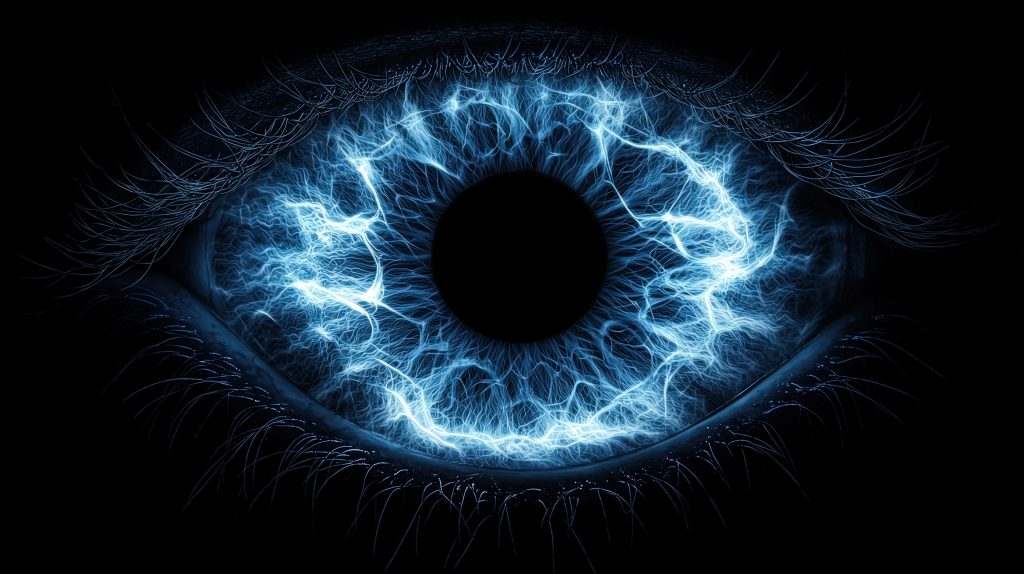 Hyper-detailed eye with glowing electric blue lightning veins on dark futuristic background wallpaper