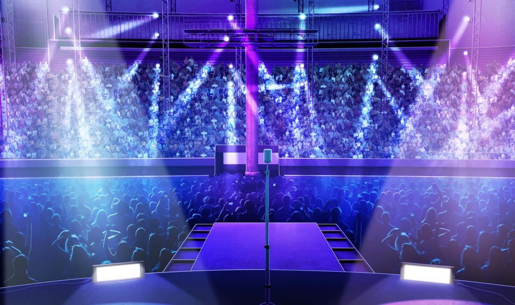 Digital concert illustration with vibrant blue purple lights solo microphone and packed arena background Wallpaper
