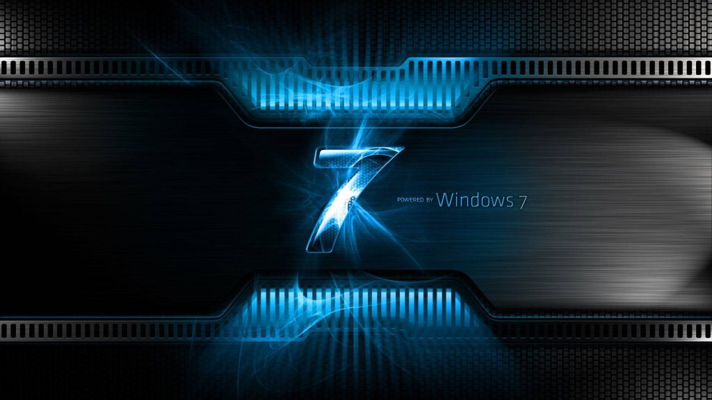 Windows 7 logo wallpaper with electric blue glow on dark brushed steel industrial background