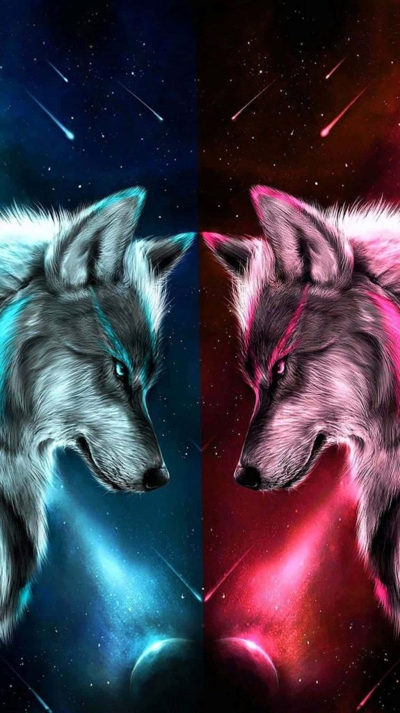 Digital art wallpaper of two wolves facing each other glowing blue and red with cosmic stars background