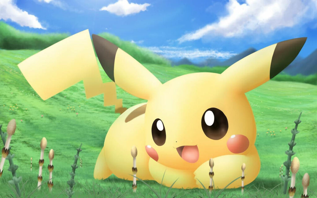 Pikachu's Playful Rest: A Captivating 3D Background Showcasing the Adorable Electric Pokémon Enjoys Serene Moments in a Lush Meadow Wallpaper