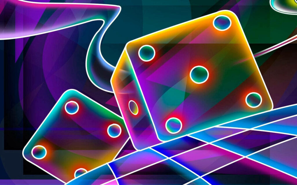 Colorful Luck: 3D Neon Dice on Geometric Wallpaper
